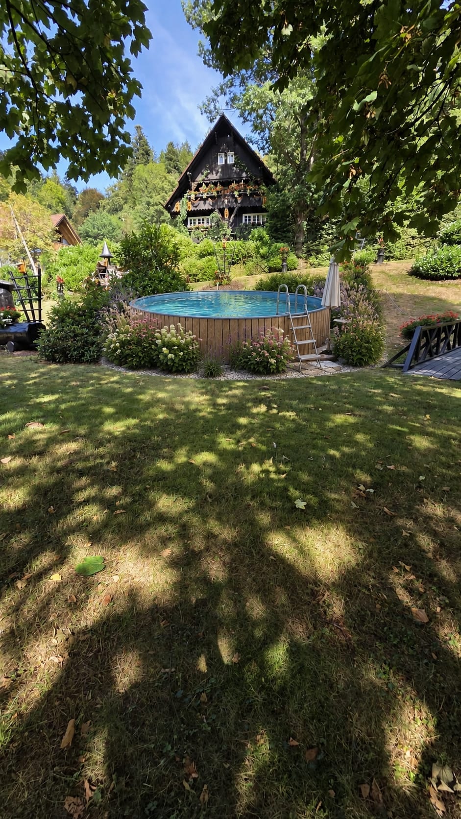 Het zwembad in het park – met uitzicht op het Schwarzwaldhaus Wolftal